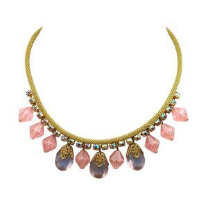 Vintage Juliana Stunning Mesh Choker Necklace, Gold Tone with Pink Crystal Dangl